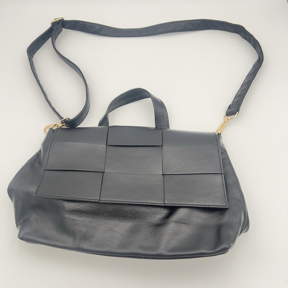 Anna & Ava Black Woven Faux Leather Top Handle Crossbody Satchel Gold Hardware